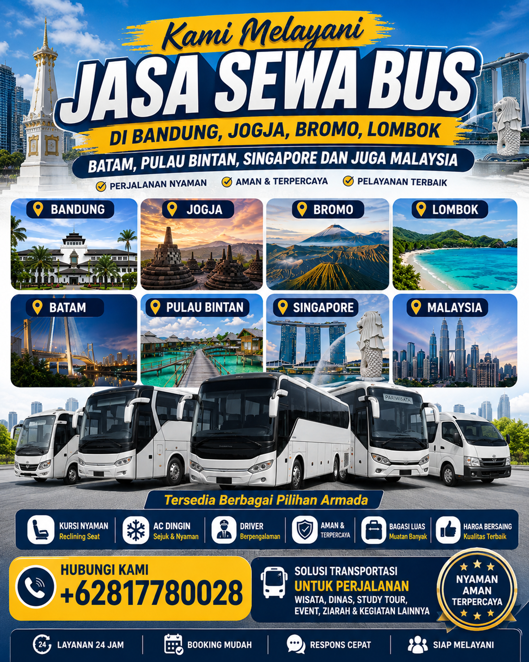 Jasa Rental Bus Di Bandung , Jogja , Bromo , Lombok , Batam , Pulau Bintan , Singapore Dan Juga Malaysia