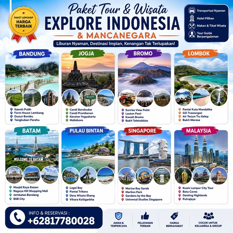 Paket Tour Bandung, Jogja, Bramo , Lombok , Batam, Puau Bintan, Singapore dan Juga Paket Wisata Malaysia